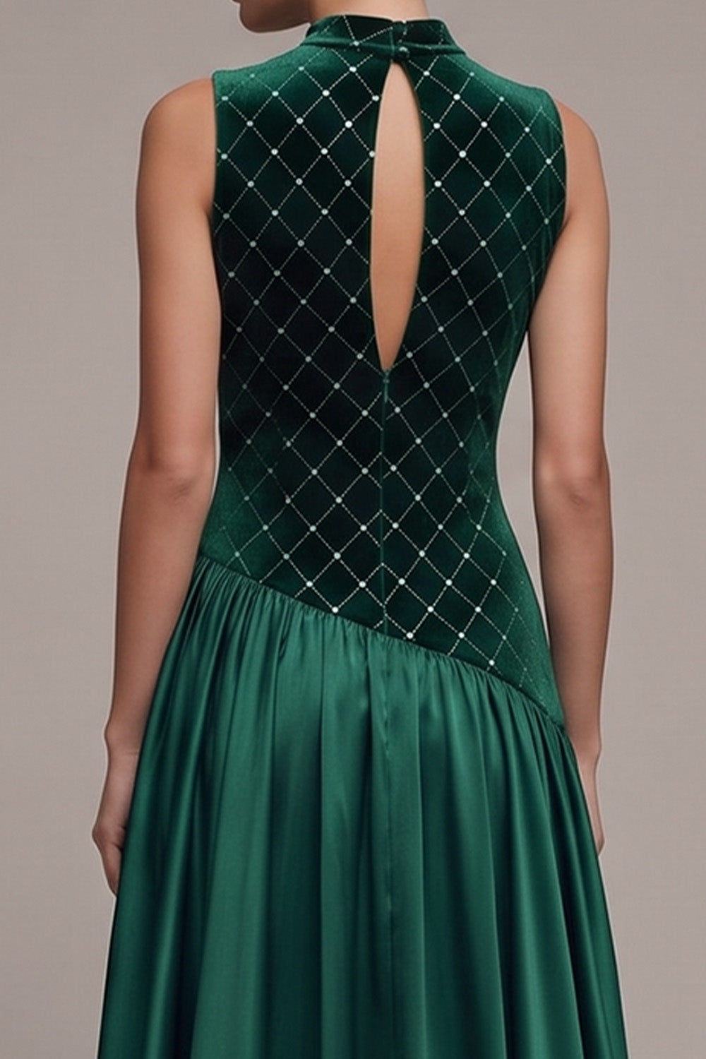 Sparkly Dark Green Plaid A-Line Ruched Long Velvet Holiday Party Dress