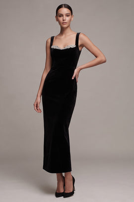 Black Sheath Beaded Velvet Long Velvet Holiday Party Dress with Slit