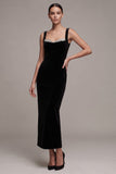 Black Sheath Beaded Velvet Long Velvet Holiday Party Dress with Slit