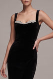 Black Sheath Beaded Velvet Long Velvet Holiday Party Dress with Slit