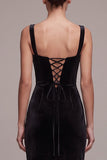 Black Sheath Beaded Velvet Long Velvet Holiday Party Dress with Slit