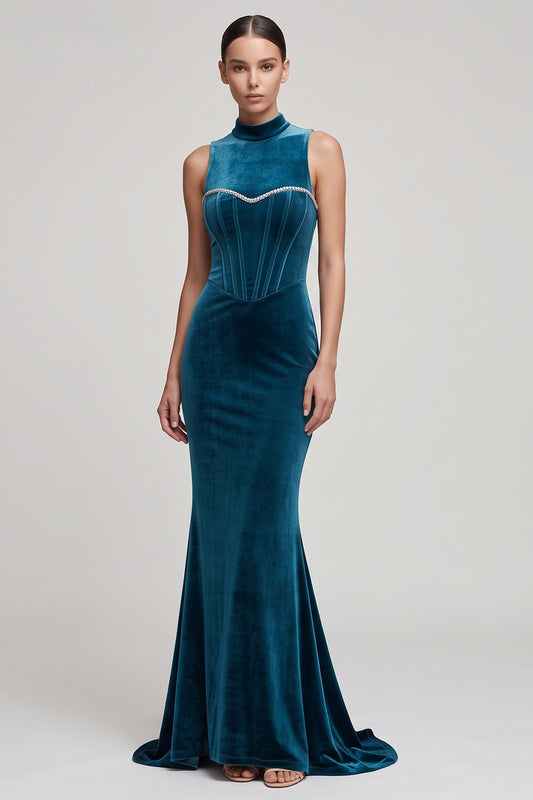 Peacock Blue Corset Beaded Mermaid High Neck Long Velvet Holiday Party Dress