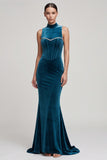 Peacock Blue Corset Beaded Mermaid High Neck Long Velvet Holiday Party Dress