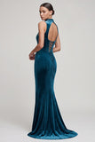 Peacock Blue Corset Beaded Mermaid High Neck Long Velvet Holiday Party Dress