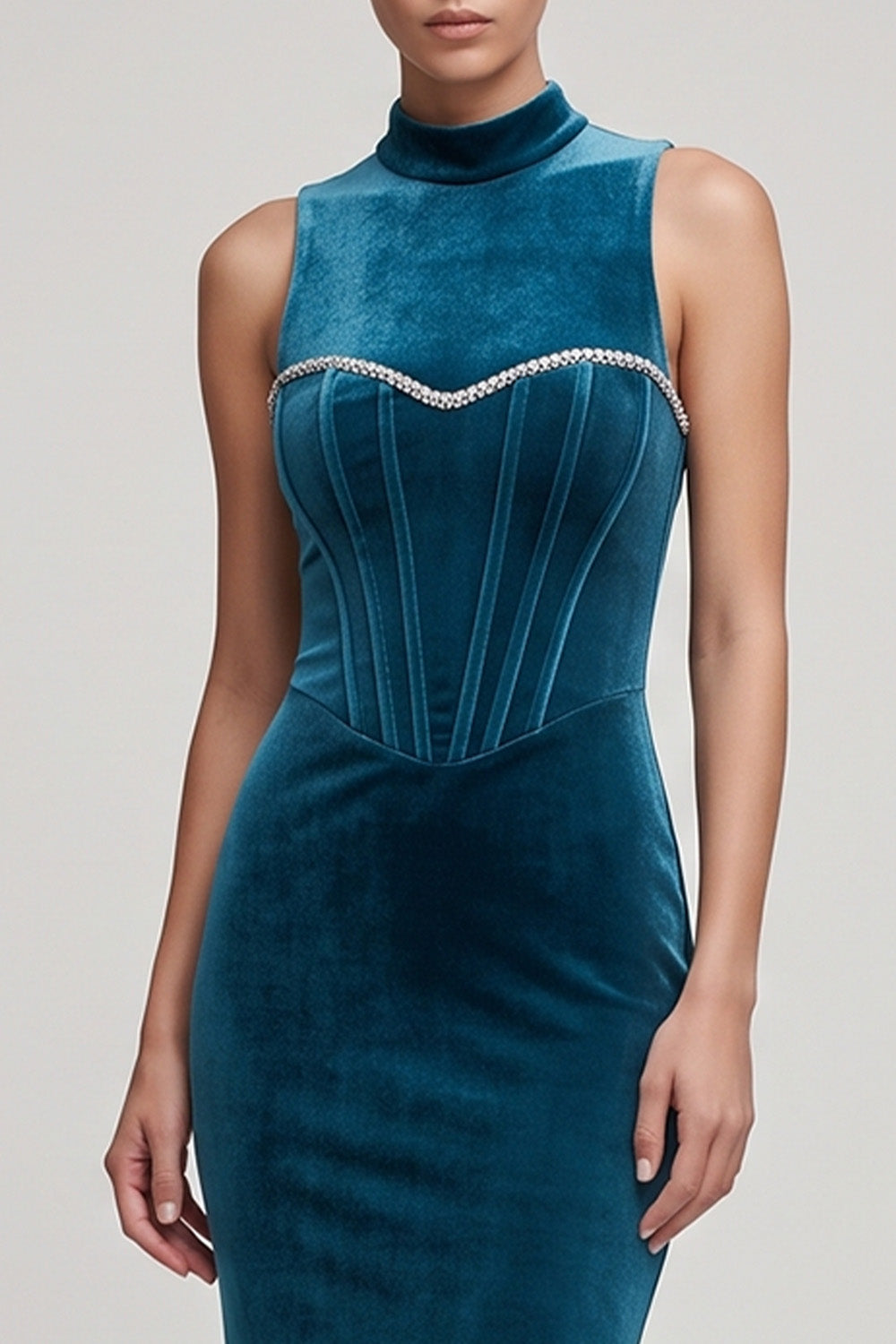 Peacock Blue Corset Beaded Mermaid High Neck Long Velvet Holiday Party Dress