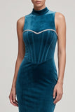 Peacock Blue Corset Beaded Mermaid High Neck Long Velvet Holiday Party Dress