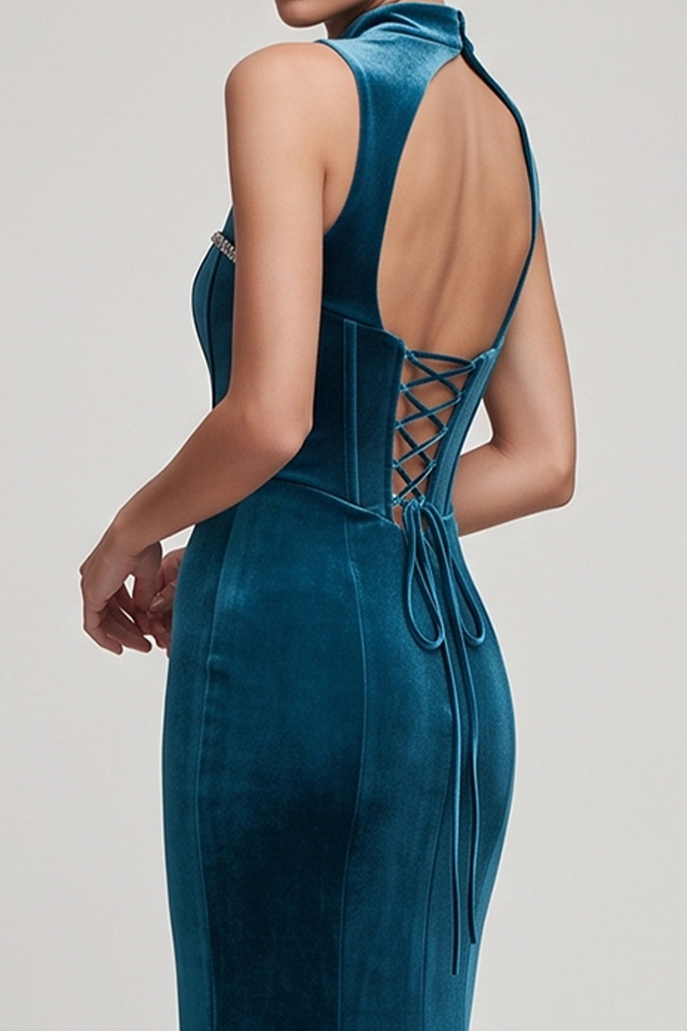 Peacock Blue Corset Beaded Mermaid High Neck Long Velvet Holiday Party Dress