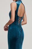 Peacock Blue Corset Beaded Mermaid High Neck Long Velvet Holiday Party Dress