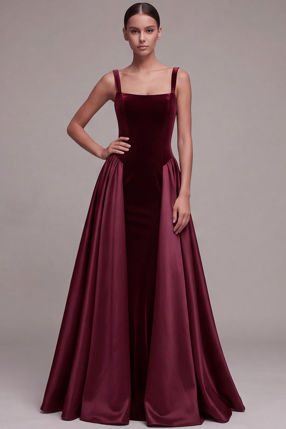 Plum Square Neck Long Velvet Holiday Party Dress