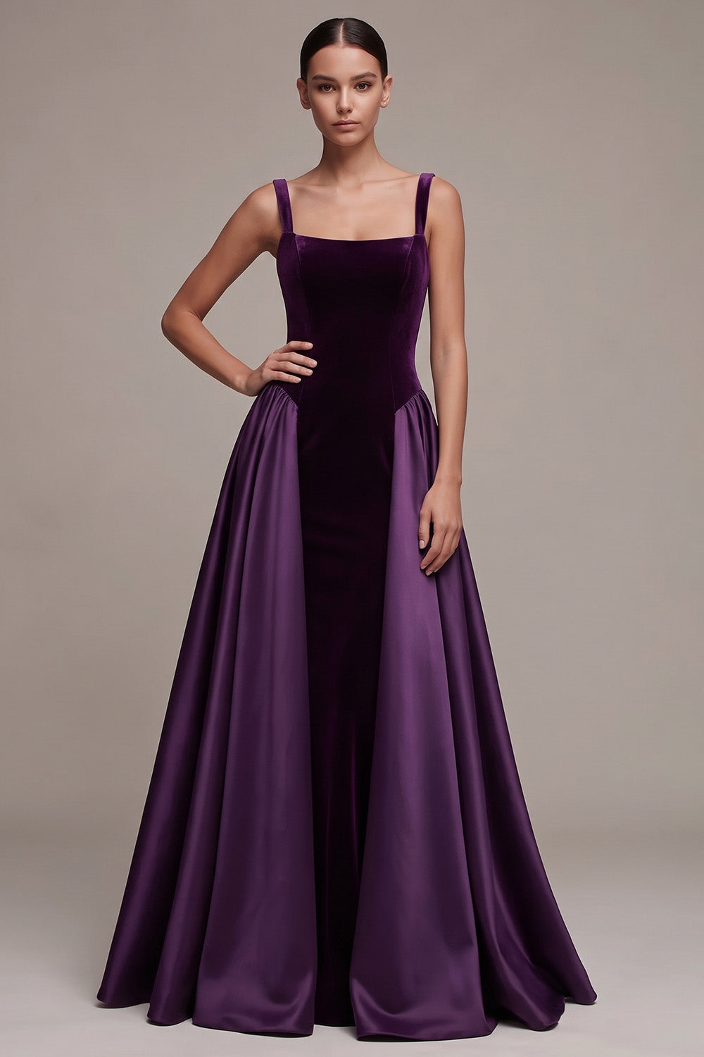 Plum Square Neck Long Velvet Holiday Party Dress