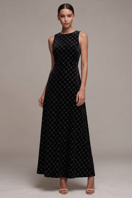 Sparkly Black Plaid A-Line Round Neck Long Velvet Holiday Party Dress
