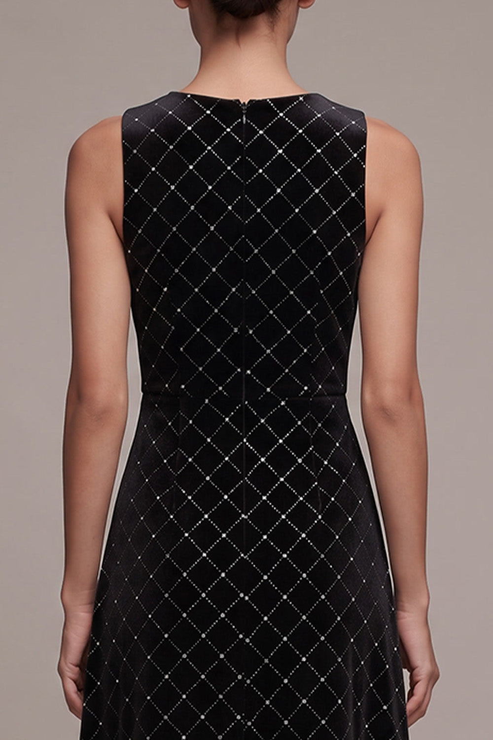 Sparkly Black Plaid A-Line Round Neck Long Velvet Holiday Party Dress