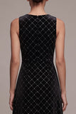 Sparkly Black Plaid A-Line Round Neck Long Velvet Holiday Party Dress