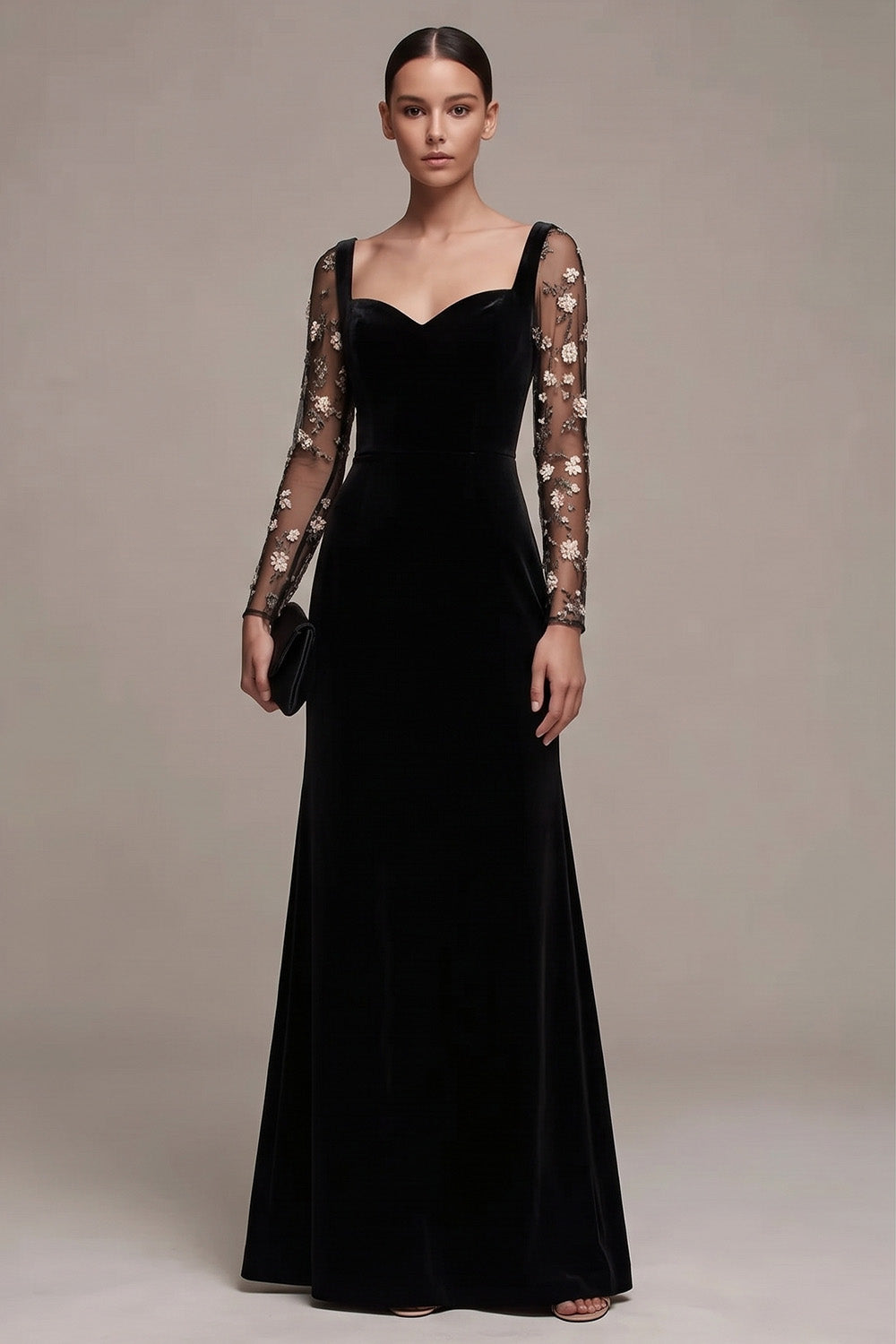 Black Floral A Line Long Sleeves Velvet Holiday Party Dress