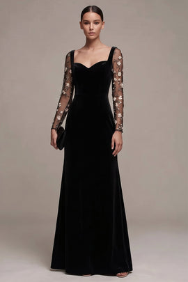 Black Floral A Line Long Sleeves Velvet Holiday Party Dress