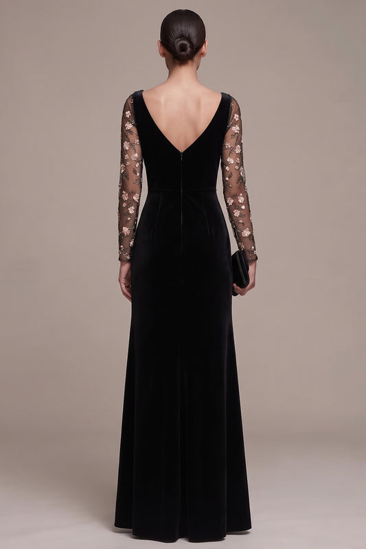 Black Floral A Line Long Sleeves Velvet Holiday Party Dress