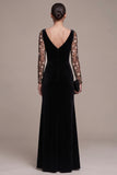 Black Floral A Line Long Sleeves Velvet Holiday Party Dress