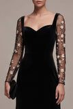 Black Floral A Line Long Sleeves Velvet Holiday Party Dress
