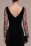 Black Floral A Line Long Sleeves Velvet Holiday Party Dress