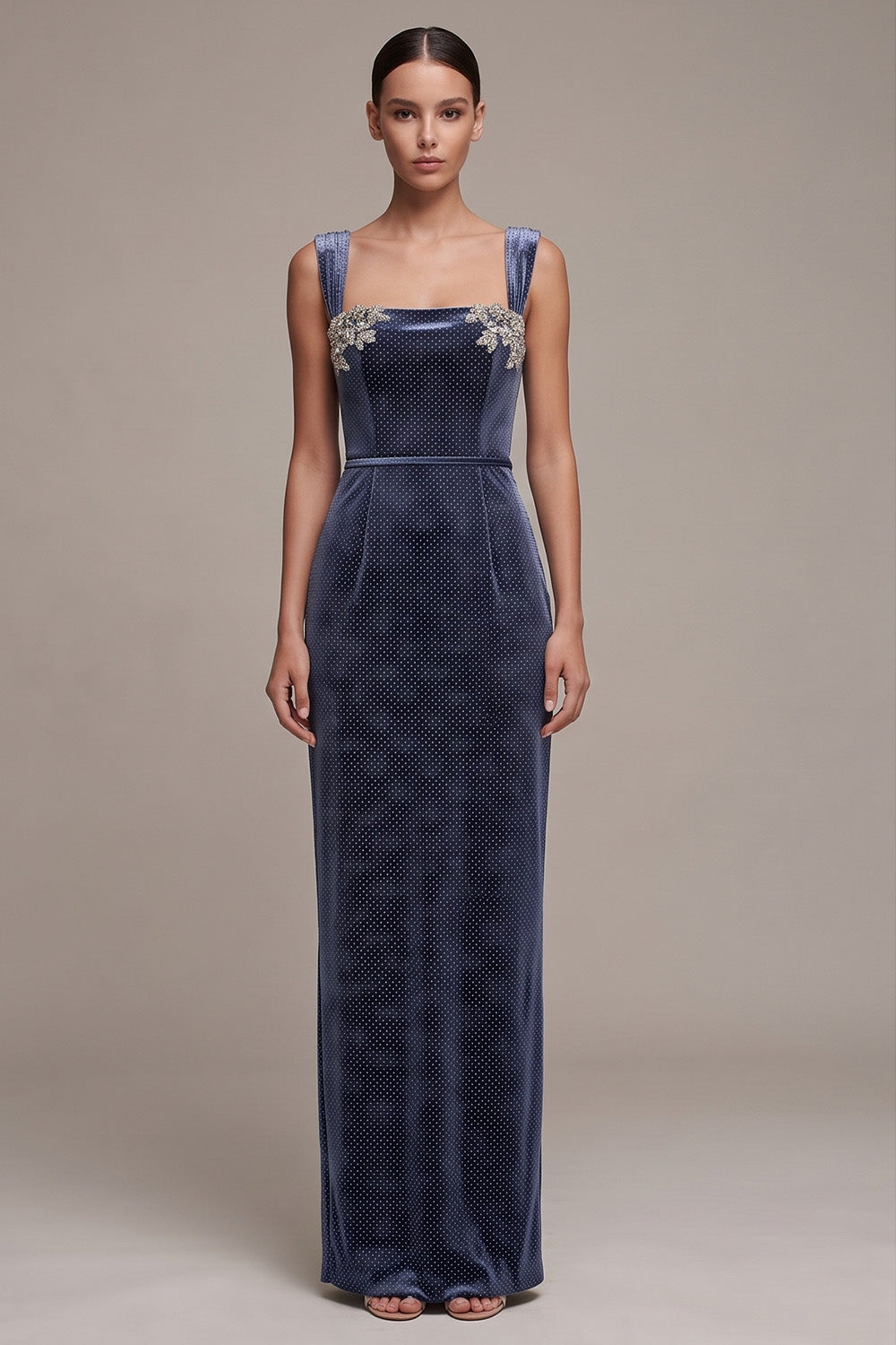 Sparkly Dusty Blue Floral Sheath Beaded Long Velvet Holiday Party Dress with Slit