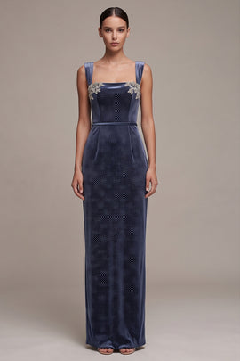 Sparkly Dusty Blue Floral Sheath Beaded Long Velvet Holiday Party Dress with Slit