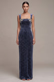 Sparkly Dusty Blue Floral Sheath Beaded Long Velvet Holiday Party Dress with Slit