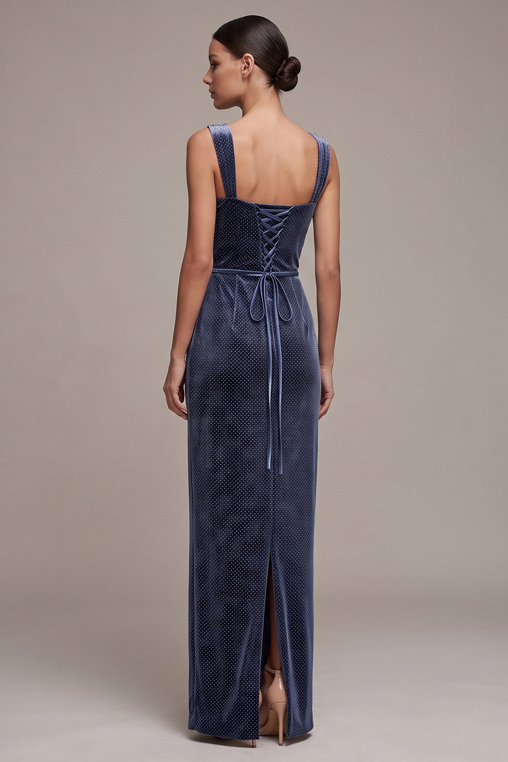 Sparkly Dusty Blue Floral Sheath Beaded Long Velvet Holiday Party Dress with Slit