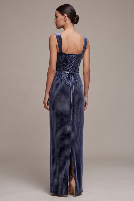 Sparkly Dusty Blue Floral Sheath Beaded Long Velvet Holiday Party Dress with Slit