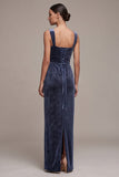 Sparkly Dusty Blue Floral Sheath Beaded Long Velvet Holiday Party Dress with Slit