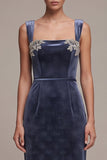 Sparkly Dusty Blue Floral Sheath Beaded Long Velvet Holiday Party Dress with Slit