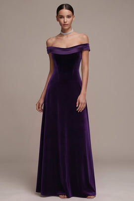 Simple Plum A-Line Off the Shoulder Long Velvet Holiday Party Dress