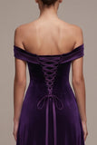 Simple Plum A-Line Off the Shoulder Long Velvet Holiday Party Dress