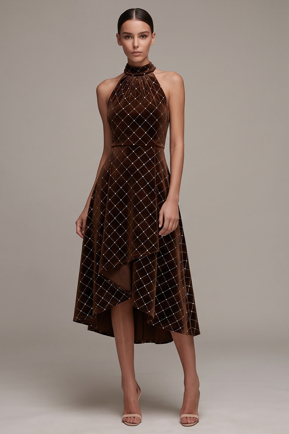 Sparkly Coffee Plaid Halter Ruffled High-Low Velvet Holiday Party Dress with Bow