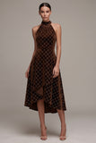 Sparkly Coffee Plaid Halter Ruffled High-Low Velvet Holiday Party Dress with Bow