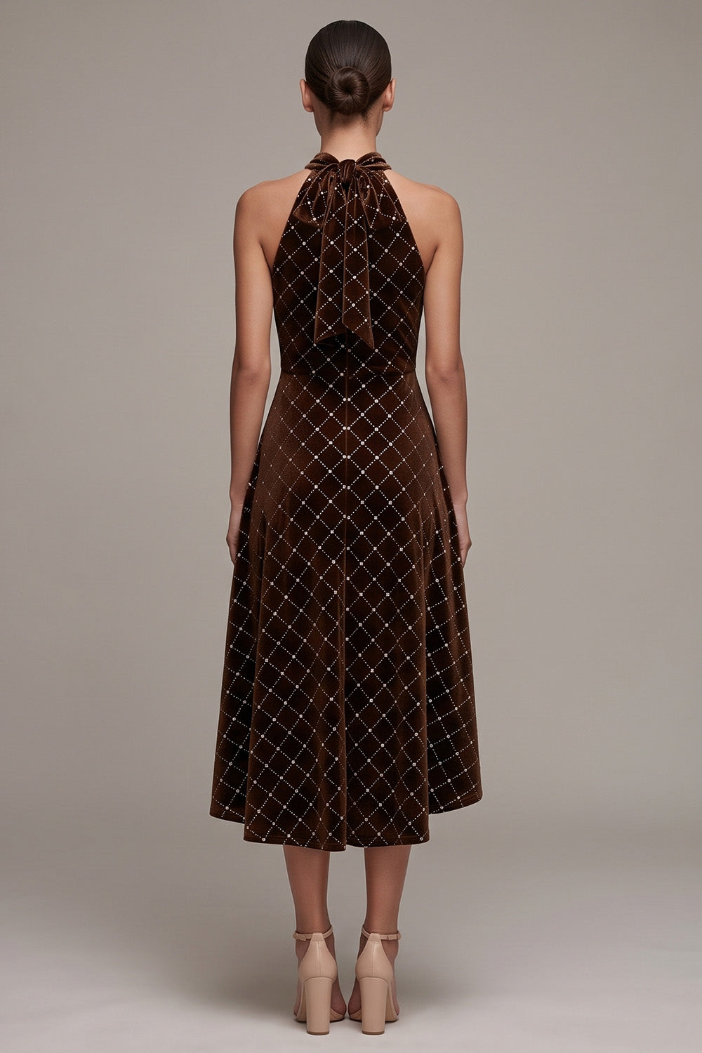 Sparkly Coffee Plaid Halter Ruffled High-Low Velvet Holiday Party Dress with Bow