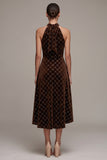 Sparkly Coffee Plaid Halter Ruffled High-Low Velvet Holiday Party Dress with Bow
