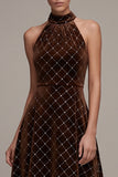 Sparkly Coffee Plaid Halter Ruffled High-Low Velvet Holiday Party Dress with Bow