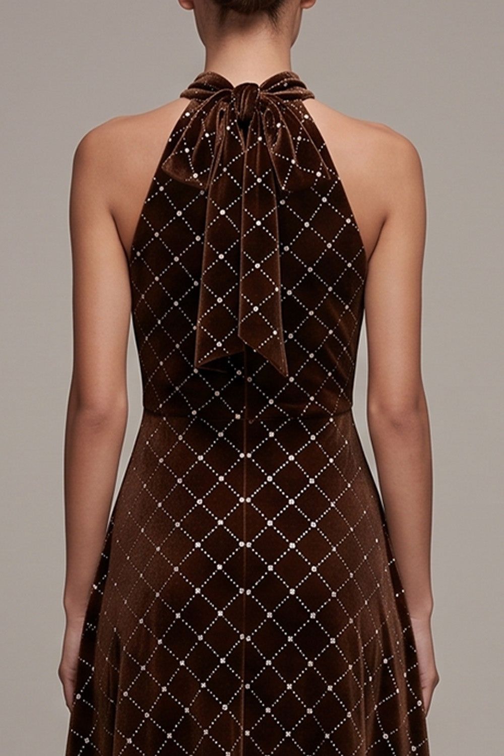 Sparkly Coffee Plaid Halter Ruffled High-Low Velvet Holiday Party Dress with Bow
