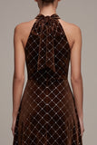 Sparkly Coffee Plaid Halter Ruffled High-Low Velvet Holiday Party Dress with Bow