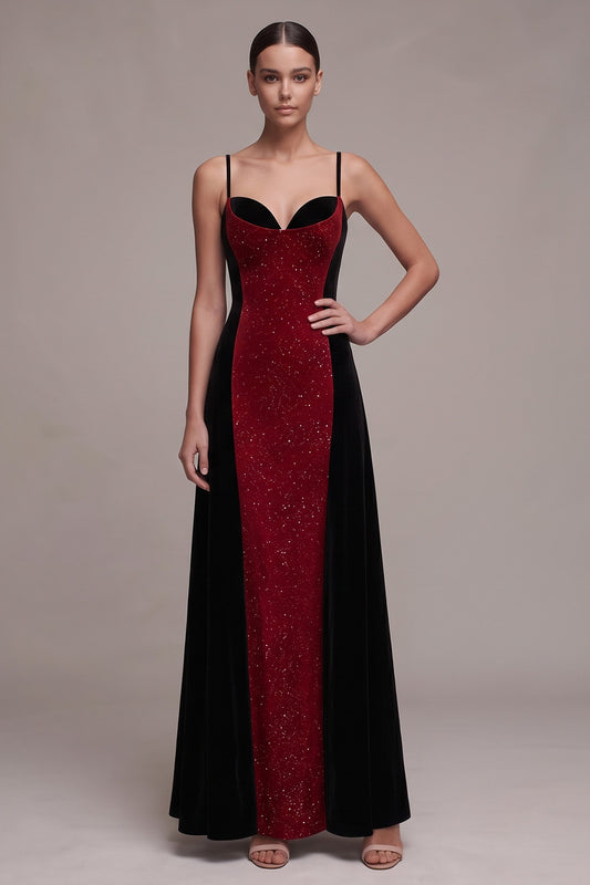 Red and Black Patchwork Glitter A-Line Long Velvet Holiday Party Dress