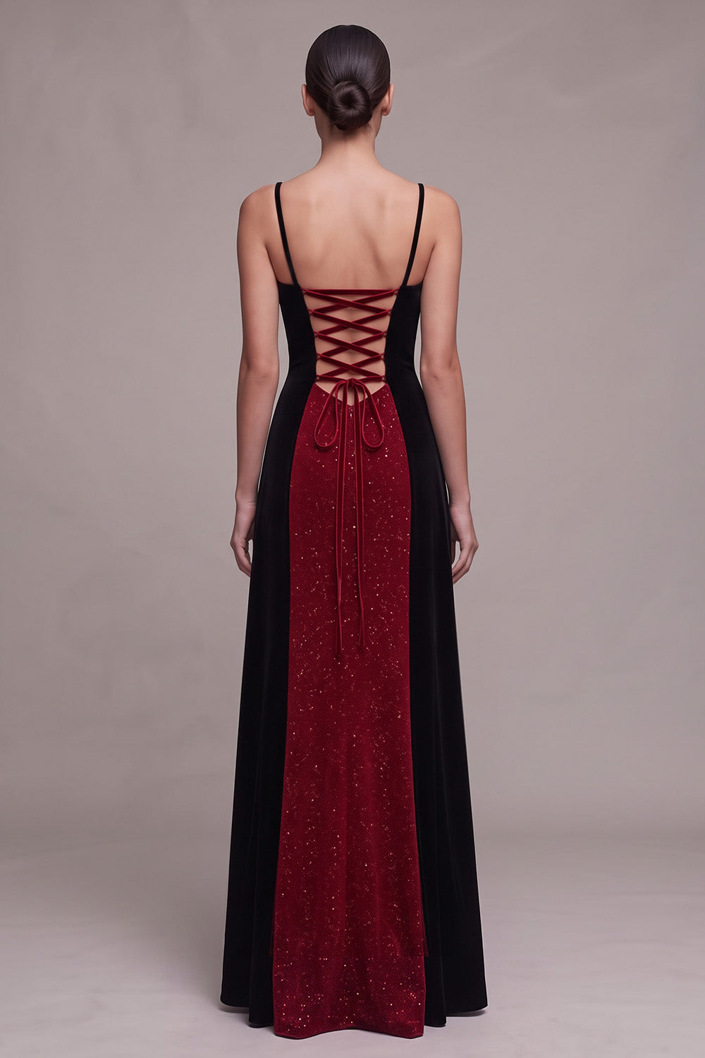Red and Black Patchwork Glitter A-Line Long Velvet Holiday Party Dress