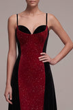 Red and Black Patchwork Glitter A-Line Long Velvet Holiday Party Dress