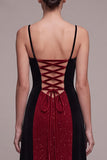 Red and Black Patchwork Glitter A-Line Long Velvet Holiday Party Dress