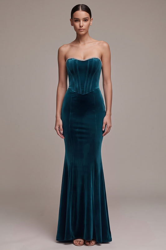 Peacock Blue Corset Mermaid Beaded Sweetheart Long Velvet Holiday Party Dress