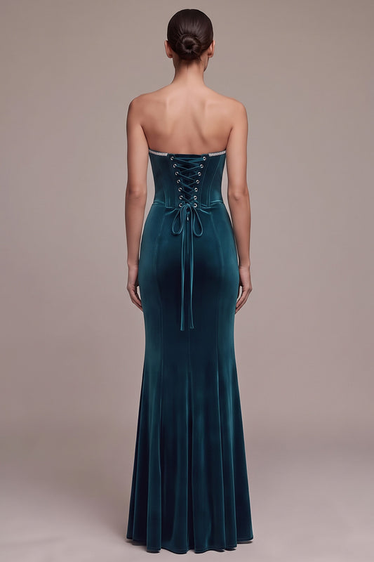 Peacock Blue Corset Mermaid Beaded Sweetheart Long Velvet Holiday Party Dress