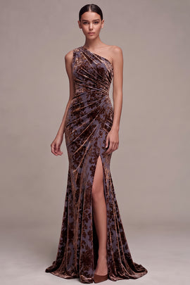 Plum Brown Flower Mermaid Ruched Long Velvet Holiday Party Dress with Slit
