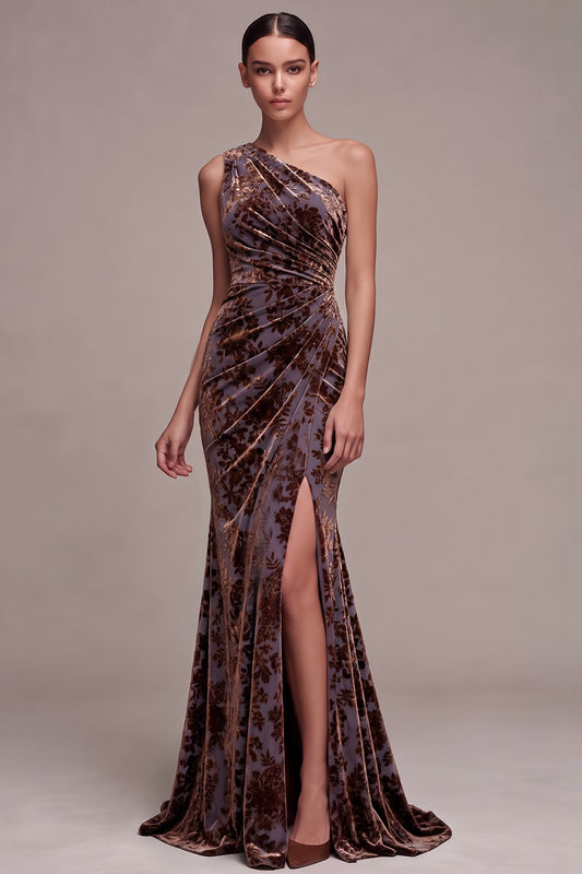 Plum Brown Flower Mermaid Ruched Long Velvet Holiday Party Dress with Slit