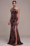 Plum Brown Flower Mermaid Ruched Long Velvet Holiday Party Dress with Slit
