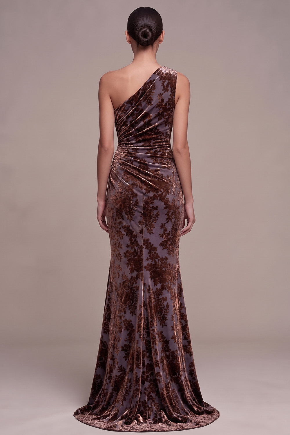 Plum Brown Flower Mermaid Ruched Long Velvet Holiday Party Dress with Slit