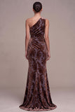 Plum Brown Flower Mermaid Ruched Long Velvet Holiday Party Dress with Slit